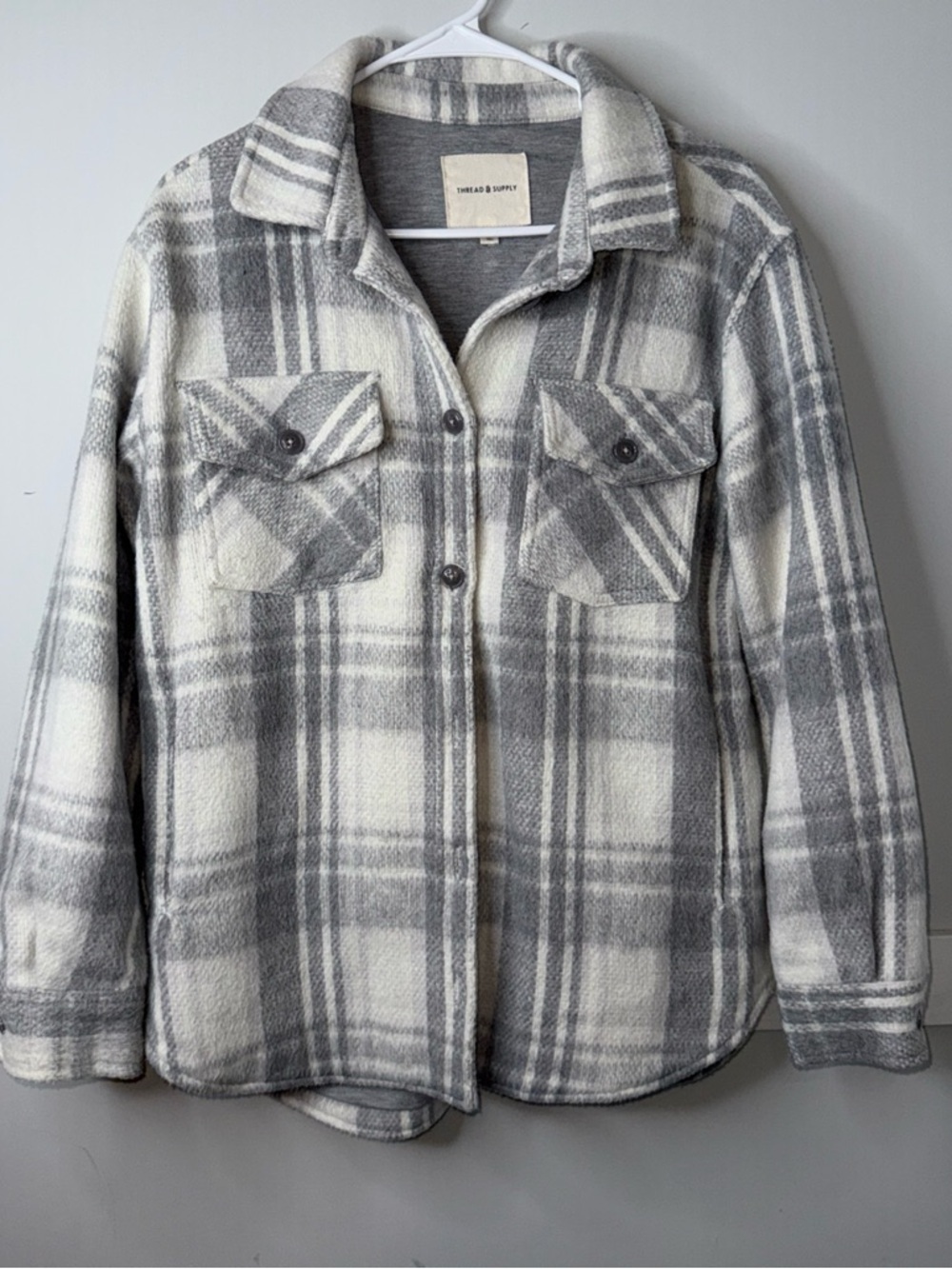 Thread & Supply Gray & White Plaid Teddy Shacket